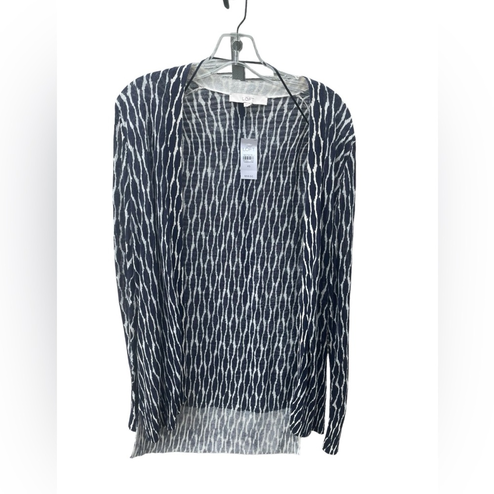 Loft Navy Blue Cream Open Front‎ Long Sleeve Cardigan